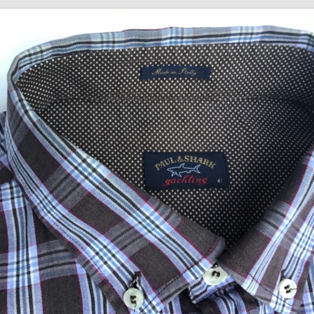 Paul & Shark brown  checkered cotton shirt Sz 16.5 / 43 made in Italy 🇮🇹